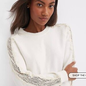 LOFT Women's Cream Cotton Blend Long Sleeve Sweater with Lace Accents